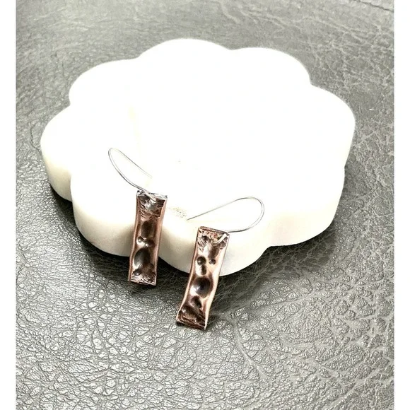 Artisan Hammered copper Art Earrings Brutalist Modernist MCM Boho Dangle - Picture 5 of 6